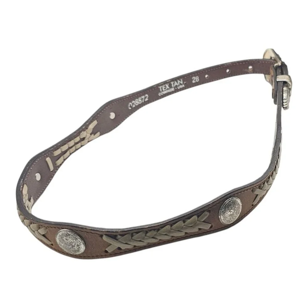 VTG Tex Tan 28872 Brown Leather Western Belt Silver Conchos Braided‎ Inset Sz 28